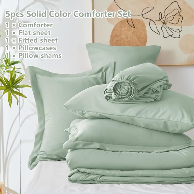 CozyLux Twin XL Comforter Set Sage Green, 5 Pieces Bed in a Bag Twin Extra Long - Image 6