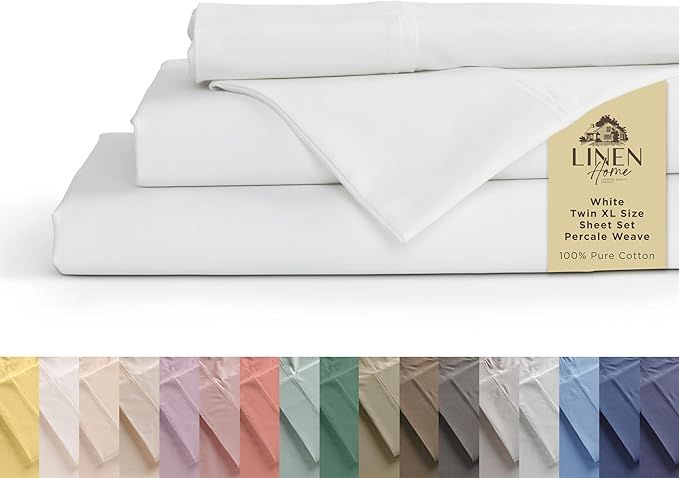 Linen Home 100% Cotton Percale Sheets Twin XL Size, Deep Pocket, 3 Pieces Set by LINENHOME