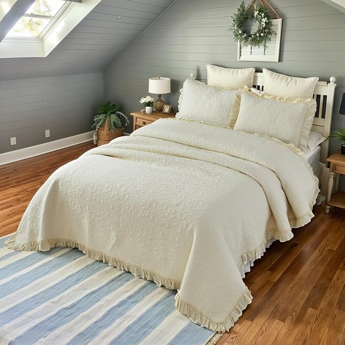 Brandream Cream Yellow White Quilt Set Queen Size Cotton Matelasse Bedding - Image 6