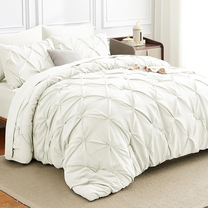 HIMEET Pintuck Bed in a Bag, 7 Pieces Full Size Comforter Set Ivory, Luxury - Image 5