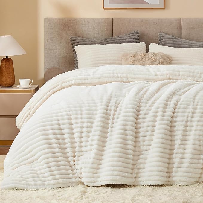 BEDELITE Fleece Queen Comforter Set -Super Soft & Warm Fluffy Cream White by BEDELITE