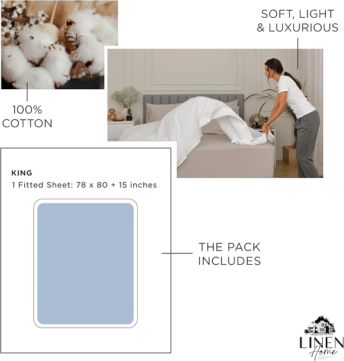 Linen Home 100% Cotton Percale Weave King Fitted Sheet Only, Baby Blue - Image 6