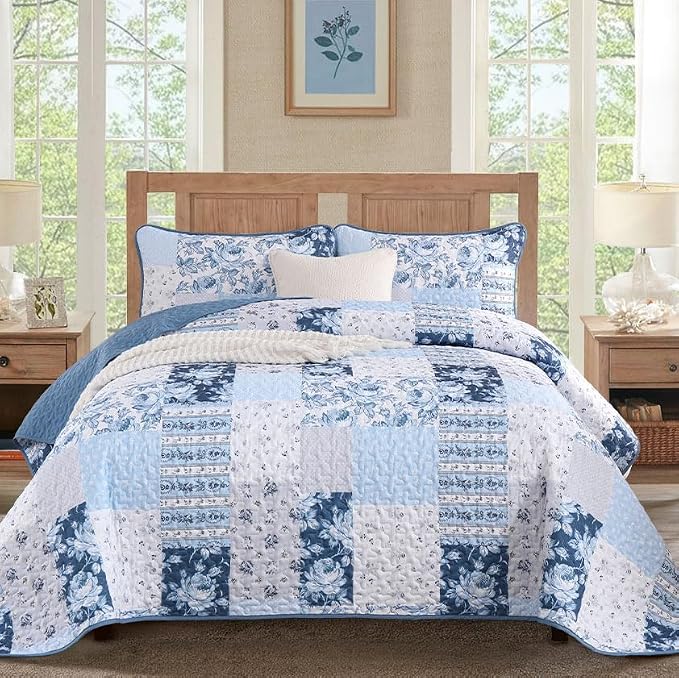 Anibedding Blue Patchwork Quilt Set Queen Size Boho Floral Plaid Bedspread by Anibedding