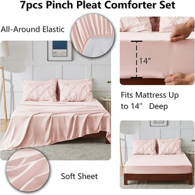 HIMEET Pintuck Bed in a Bag, 7 Pieces Queen Size Comforter Set Blush Pink - Image 6
