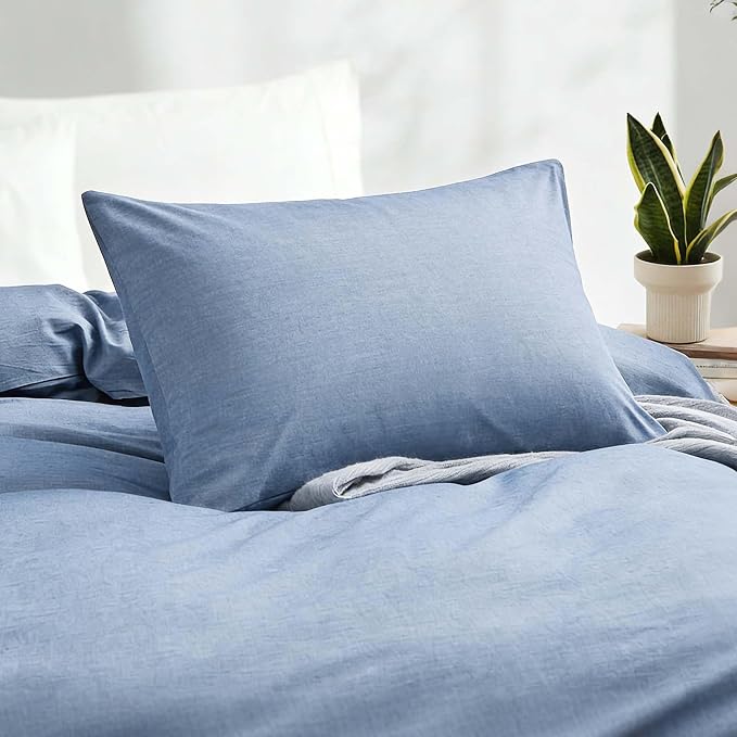 LOVQUE Light Blue Cotton Duvet Cover Twin Size, Linen Like Natural Bedding Set - Image 3