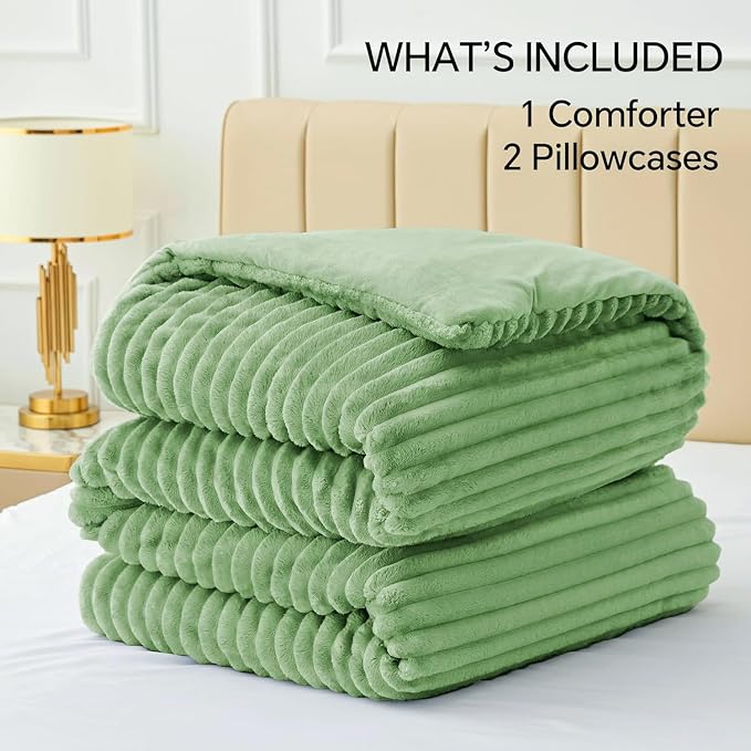 BEDELITE Fleece Queen Comforter Set -Super Soft & Warm Fluffy Green Bedding - Image 6