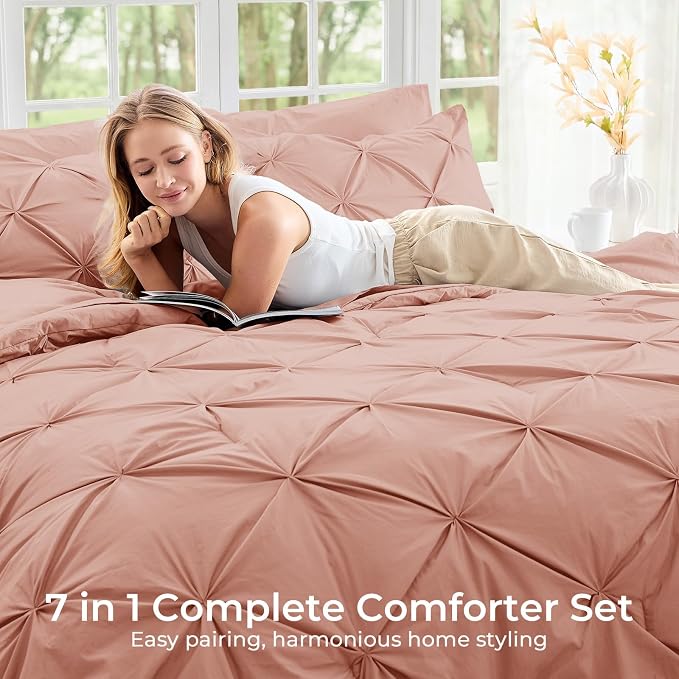 Sasttie Queen Comforter Set, 7-Piece Bed in a Bag, Pintuck Bedding Sets - Image 6