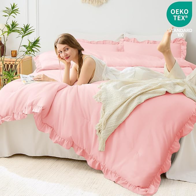 FUANNA King Size Comforter Set Pink, 3 Pieces Ruffle King Bedding Set, Fluffy - Image 3