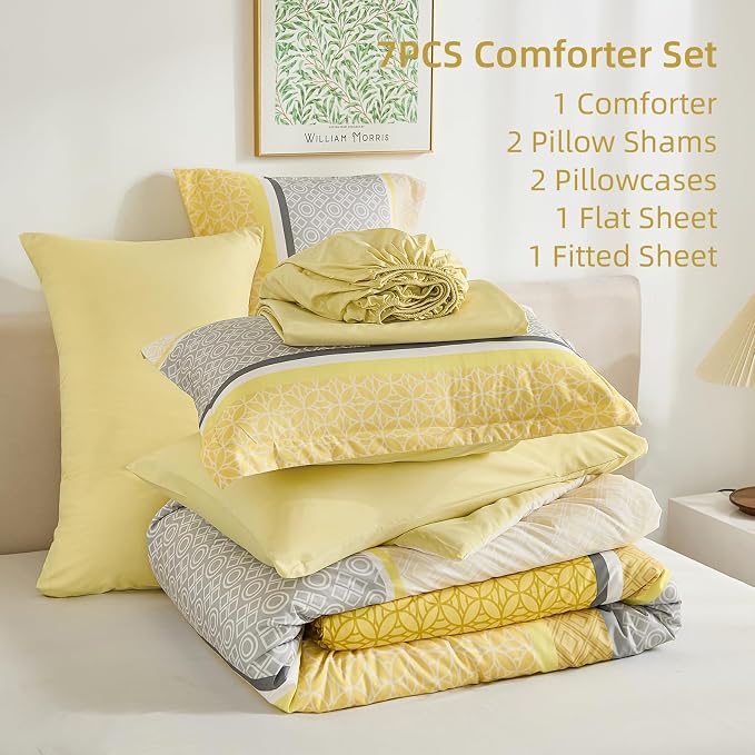 WONGS BEDDING Yellow Comforter Set King Size, 7 Pieces Striped Bed in a Bag - Image 7