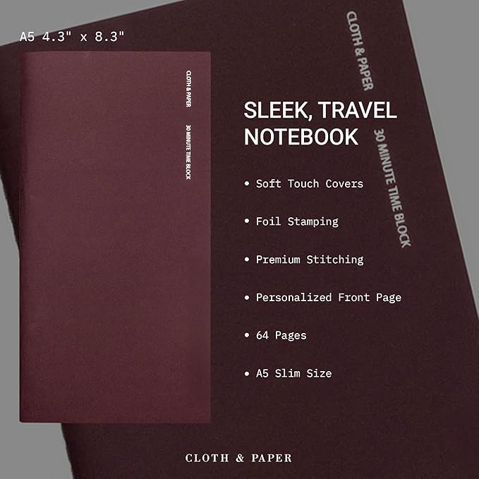 Cloth & Paper Travel Notebook | Time Blocking Planner – Bordeaux | A5 Slim - Image 3