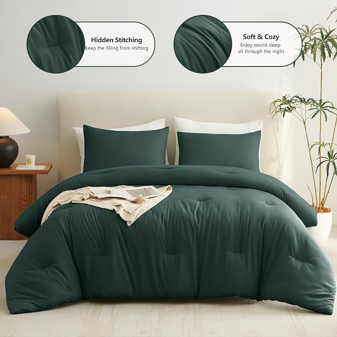 CozyLux California King Comforter Set Forest Green, 3 Pieces Cal King Solid - Image 2
