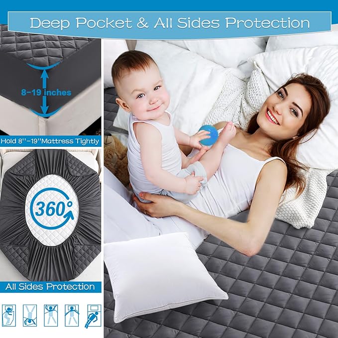 GRT Twin Size Grey Quilted Fitted Mattress Pad, 100% Waterproof Breathable - Image 4