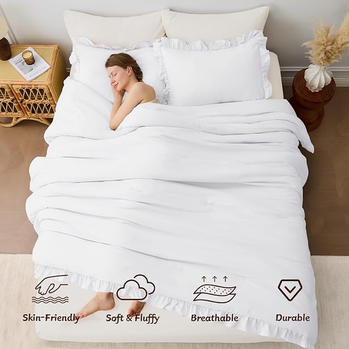 FUANNA Queen Comforter Set White 3 Pieces, Ruffle Shabby Chic Queen Bed Set - Image 4