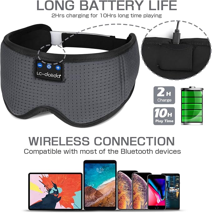 LC-dolida Sleep Headphones, Sleep Mask Bluetooth Wireless Music Eye Mask - Image 5
