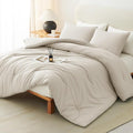 CozyLux Beige Queen Comforter Set, 3 Pieces Boho Solid Breathable Quilted Style by CozyLux