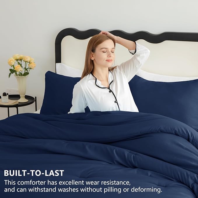 CozyLux California King Comforter Set Navy Blue, 3 Pieces Cal King Solid - Image 2
