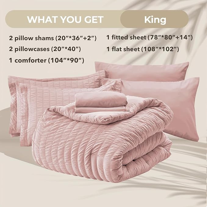 HYMOKEGE Rose Gold King Size Comforter Set Seersucker 7 Pieces, All Season - Image 5