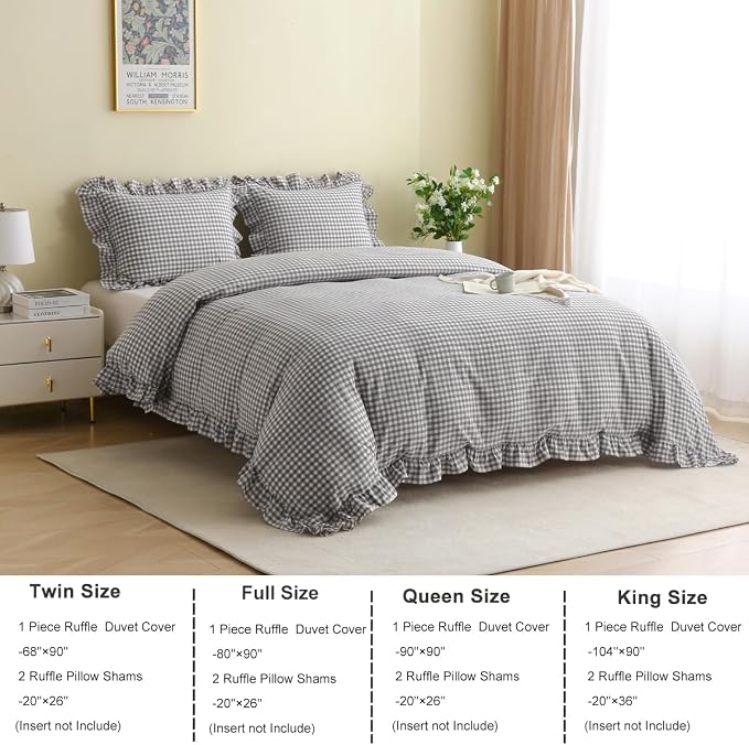 Silnuo Grey/White Checkered Ruffle 3-Piece Duvet Cover Set Queen Size, Washed - Image 4