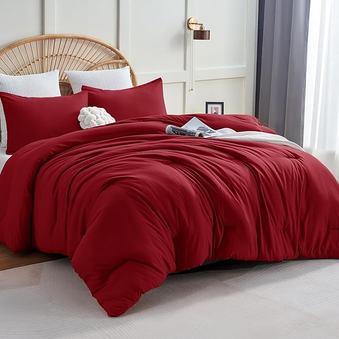 CozyLux California King Comforter Set Dark Red, 3 Pieces Cal King Solid by CozyLux