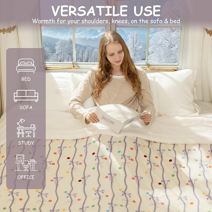 Purple Bow Heated Blanket Twin Size 62" x 84" - Image 6