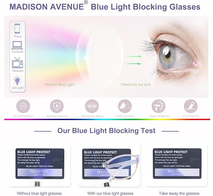 Madison Avenue Blue Light Blocking Glasses Anti Eyestrain UV Glare Blue Light - Image 4