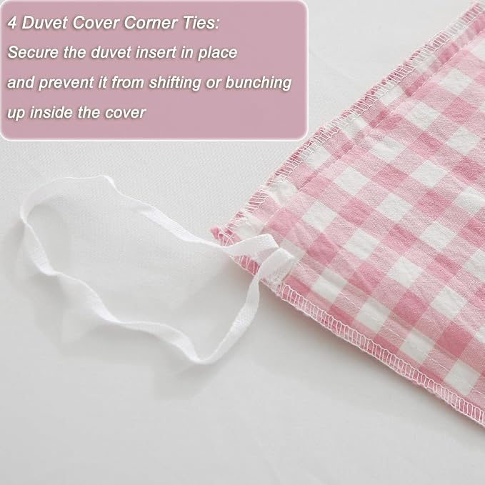 Silnuo Vintage Pink/White Plaid Ruffle 3-Piece Duvet Cover Set Twin Size - Image 6
