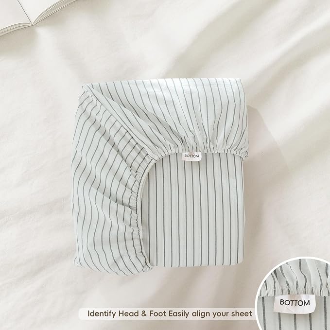 MooMee Stripes Fitted Bottom Sheet Only 100% Washed Cotton Linen Like Textured - Image 2