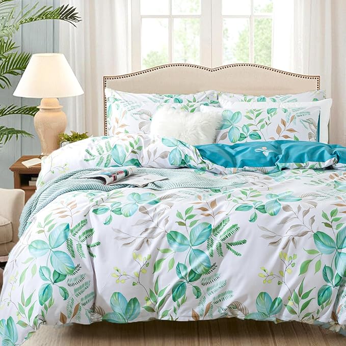 FADFAY Botanical Duvet Cover Sets King/Cal King Size 100% Cotton Teal Green by CottonWorldSweetDream
