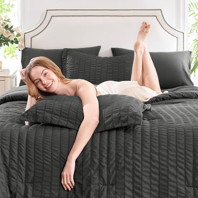 CozyLux Oversized King Comforter Set Dark Grey Seersucker 7 Pieces 120x98 Bed - Image 3