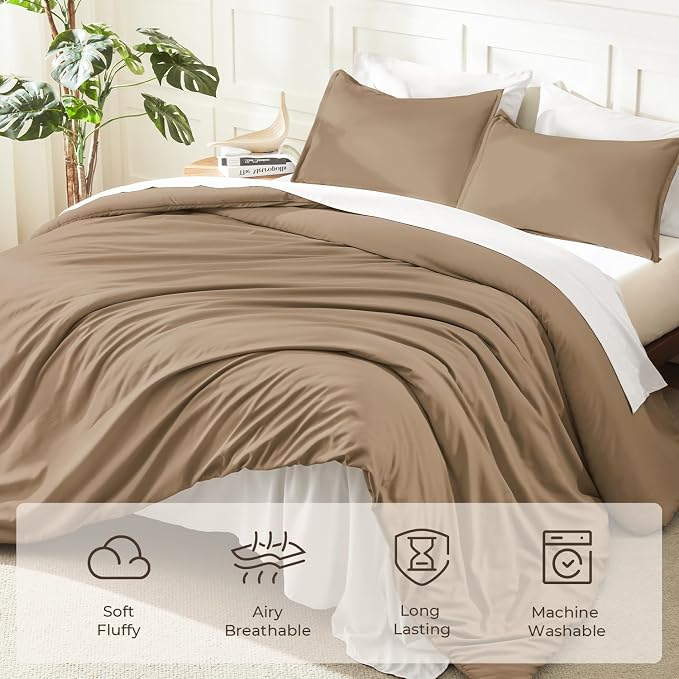 Litanika Taupe Comforter Set Queen Size, 3 Pieces Solid Bedding Comforter Set - Image 3