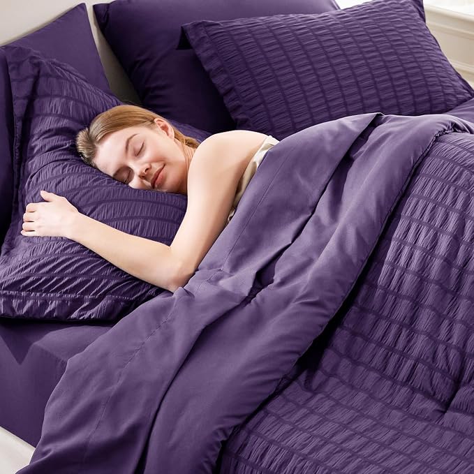 CozyLux Queen Comforter Set Purple Seersucker 7 Pieces Bed in a Bag Queen - Image 5