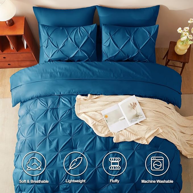 CozyLux Queen Comforter Set Teal, 7 Pieces Pintuck Bed in A Bag, Premium Teal - Image 2