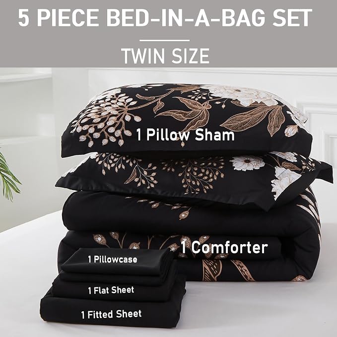 Yogeneg 5 Piece Bed in a Bag Twin Size Comforter Set Botanical Floral Bedding - Image 6