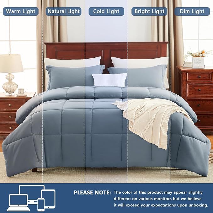 CozyLux Oversized Queen Comforter Set, 3 Pieces Grayish Blue 98x98 Box Stitched - Image 5