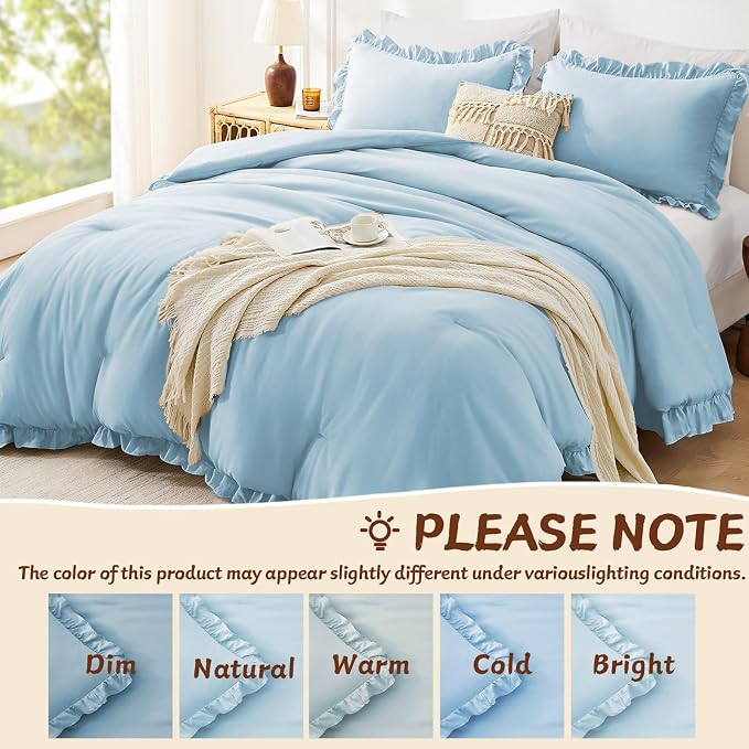 FUANNA Queen Comforter Set Light Blue, 3 Pieces Ruffle Queen Bed Set, Fluffy - Image 6