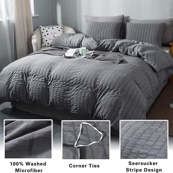 AveLom Seersucker Duvet Cover Set King Size, 3 Pieces, Dark Gray Ultra Soft - Image 2