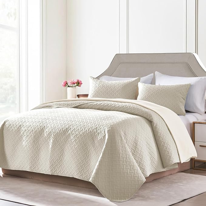 FLYMME Quilts Queen Size, Lightweight Cream Bedspreads, Basket Weave Pattern - Image 2