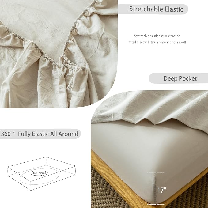 MooMee Fitted Bottom Sheet Only 100% Washed Cotton Linen Like Textured - Image 4