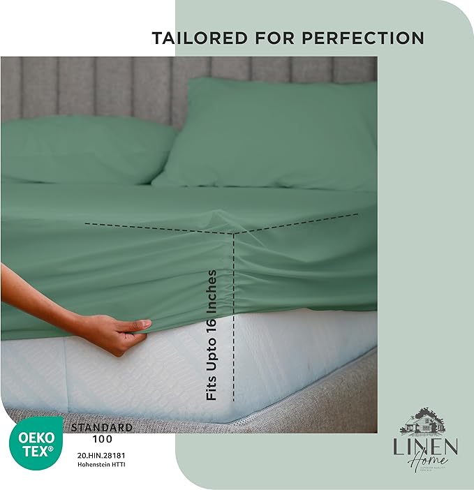 Linen Home 100% Cotton Percale Weave Fitted Sheet, Twin Size, Frosty Green - Image 3