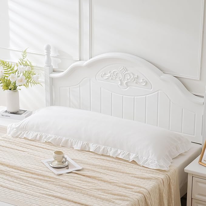Off White Ruffled Body Pillow Cover 1 Piece Washed Cotton Farmhouse Shabby Long - Image 2