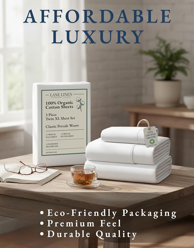 LANE LINEN 100% Organic Cotton White Twin XL Sheets Set 3-Piece Pure Percale - Image 8