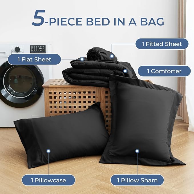 Sasttie Twin XL Comforter Set Black, 5 Pieces Twin XL Bed in a Bag, Complete - Image 6