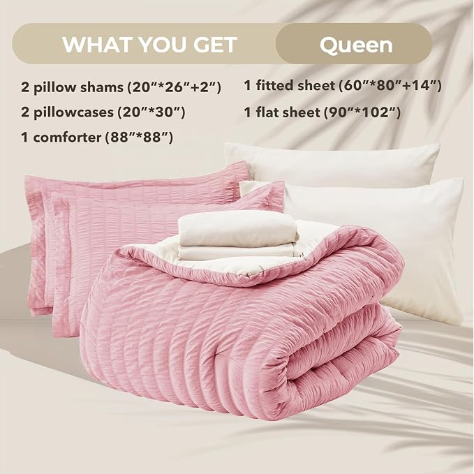 HYMOKEGE Pink/Ivory Queen Comforter Set Seersucker 7 Pieces, All Season Luxury - Image 6