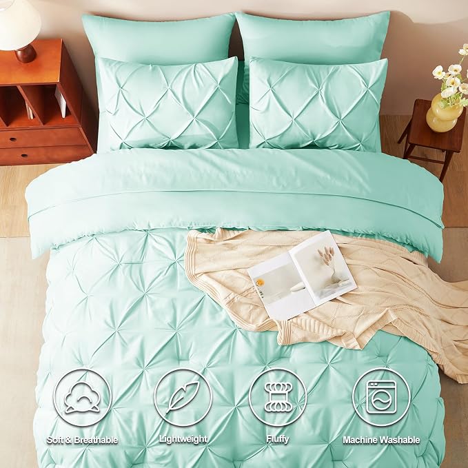CozyLux Queen Comforter Set Mint Green, 7 Pieces Pintuck Bed in A Bag, Premium - Image 2