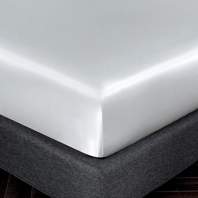 Homiest White Satin Fitted Twin XL Size Bed Sheet, Deep Pocket, Luxury & Ultra - Image 3