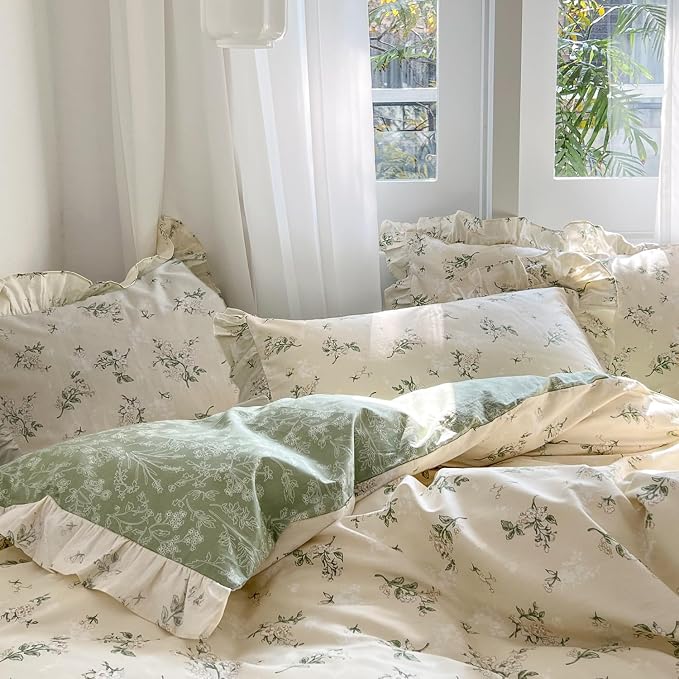 MKXI Botanical Floral Duvet Cover Twin XL Beige Girls Floral Ruffled Bedding - Image 3