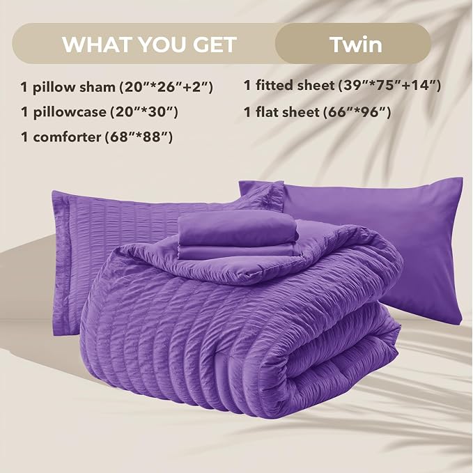 HYMOKEGE Bright Purple Twin Comforter Set Seersucker 5 Pieces, All Season - Image 5