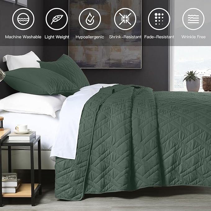 HORIMOTE HOME Quilt Set Queen Size Dark Green, Classic Geometric Diamond - Image 6
