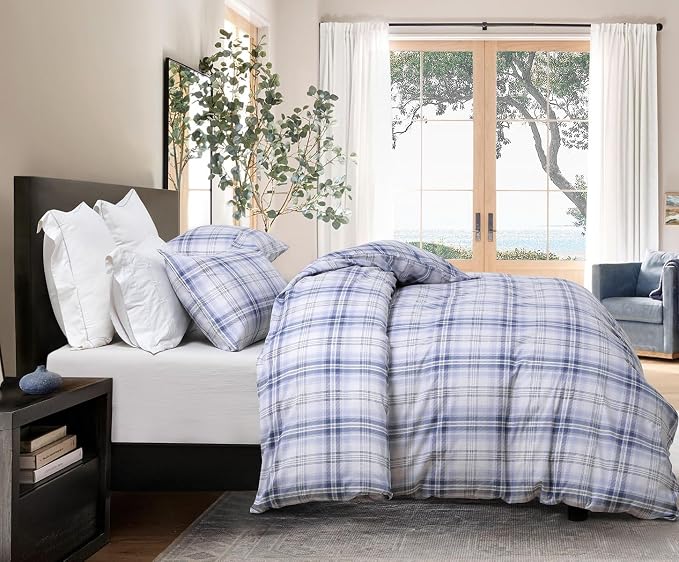 SLEEPBELLA Blue White Grid Duvet Cover Set, 100% Cotton Bedding, Buffalo Plaid - Image 2