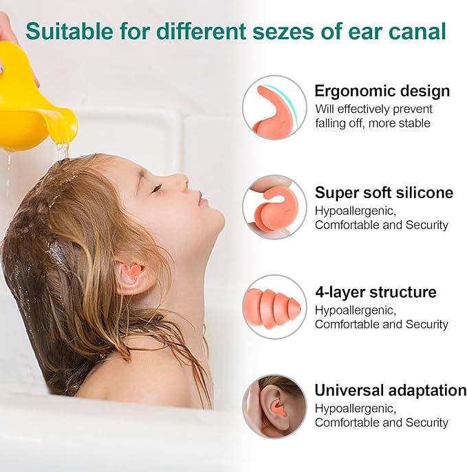 Kids Swimming Ear Plugs, 3 Pairs Waterproof Reusable Silicone Child Swim - Image 2